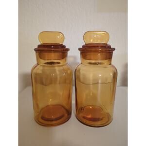 Antique Amber With Bubbles Apothecary Jars w Lollipop Lids 6" Set Of Two